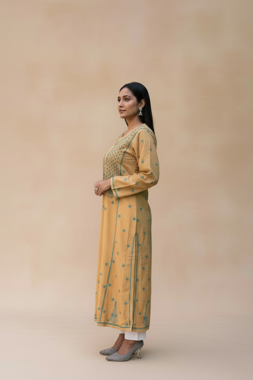 Exclusive Light Brown Long Noori Jacket | Handcrafted Chikankari Embroidery