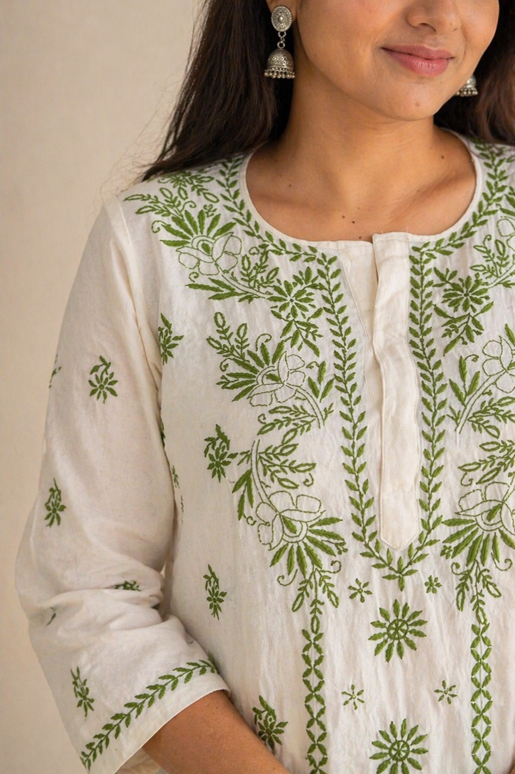 KHADI COTTON CHIKANKARI HAND-EMBROIDERED KURTA