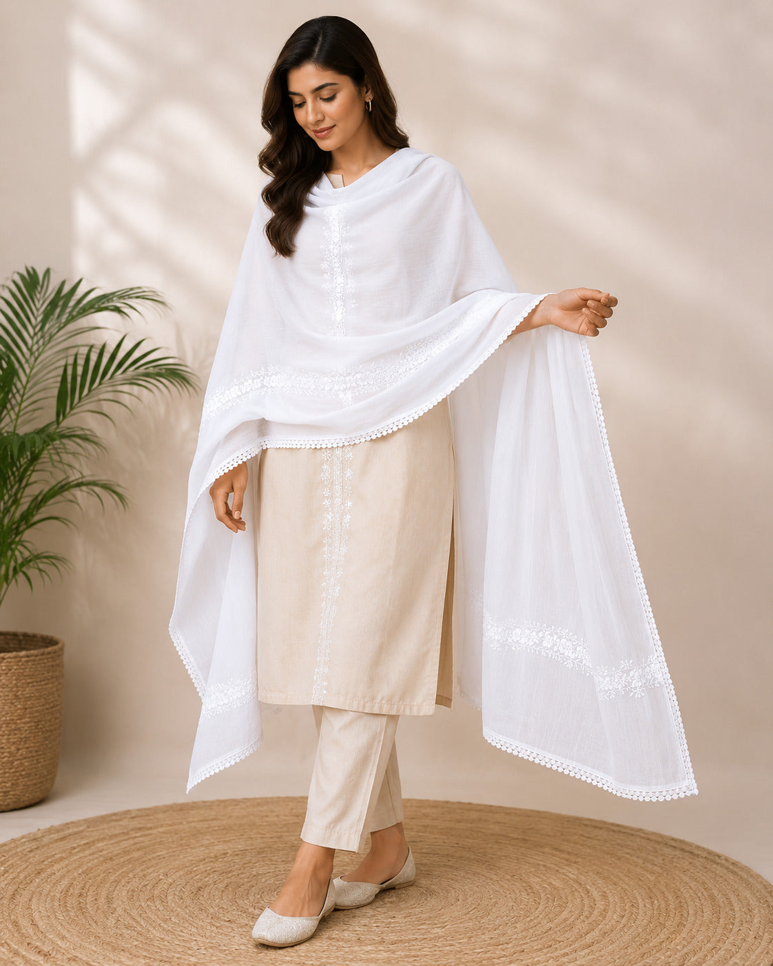LUCKNOWI MUL COTTON CHIKANKARI DUPATTA