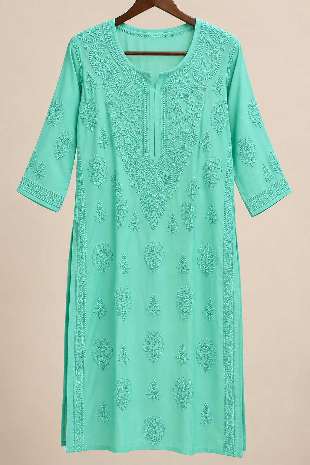 MUSLIN CHIKANKARI KURTI WITH SHADOW WORK - SEA GREEN