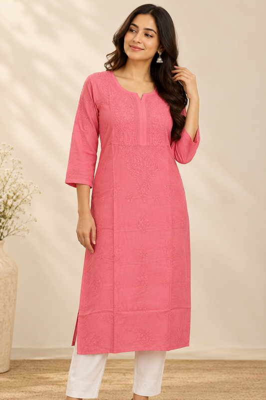 MUSLIN CHIKANKARI KURTI WITH SHADOW WORK -CORAL PINK
