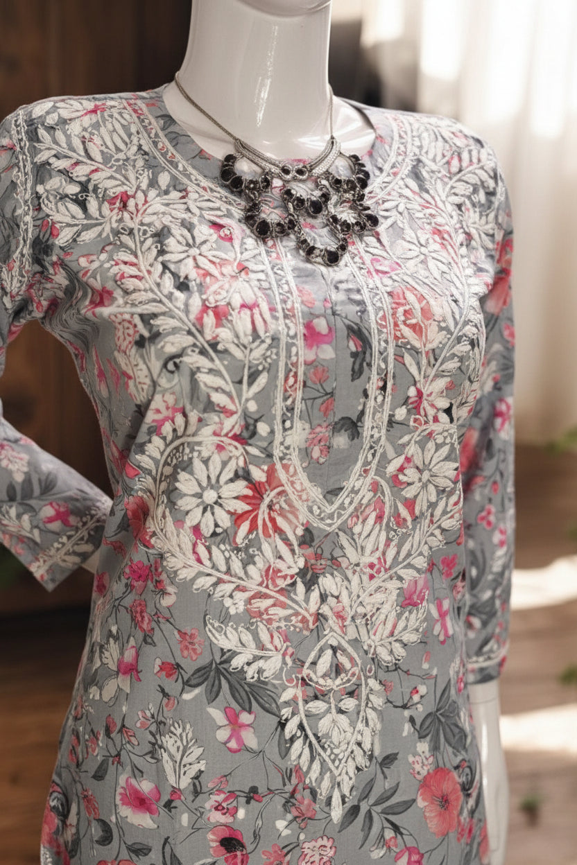 FLORAL PRINT ZIANA GREY CHIKANKARI  KURTI