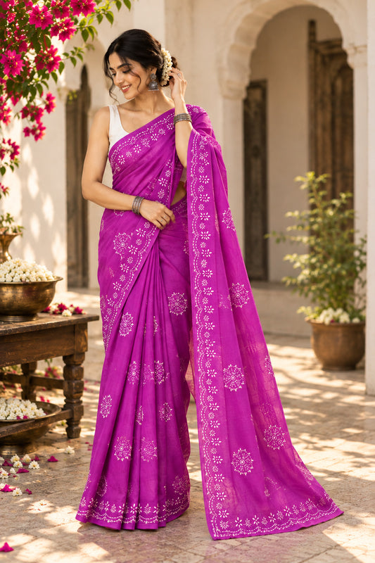 PARAMPARA CHIKANKARI COTTON SAREE | HAND-EMBROIDERED LUCKNOWI