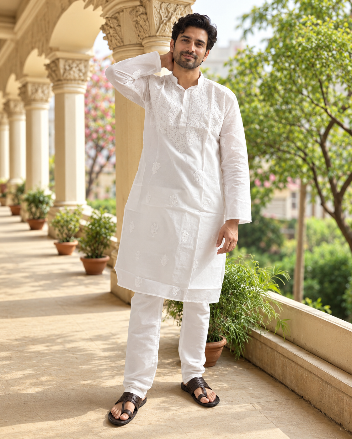AWDHI THREADS- WHITE HANDCRAFTED CHIKANKARI MEN'S KURTA
