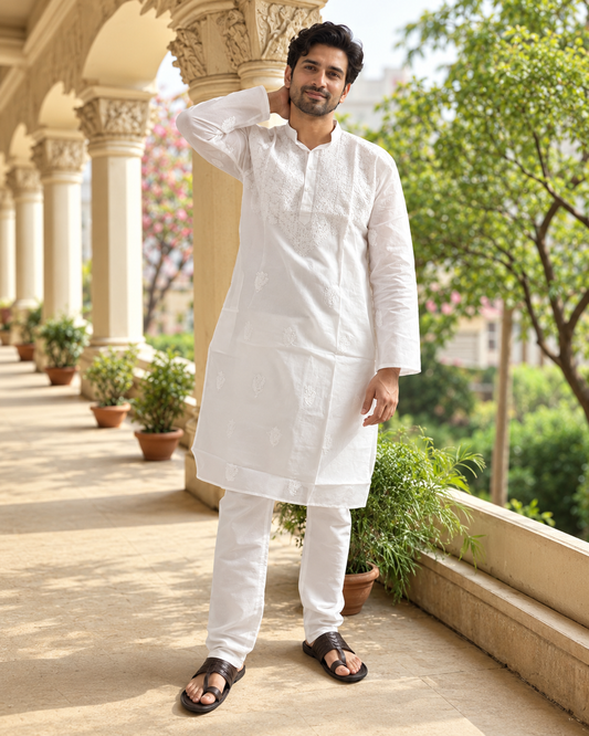 AWDHI THREADS- WHITE HANDCRAFTED CHIKANKARI MEN'S KURTA