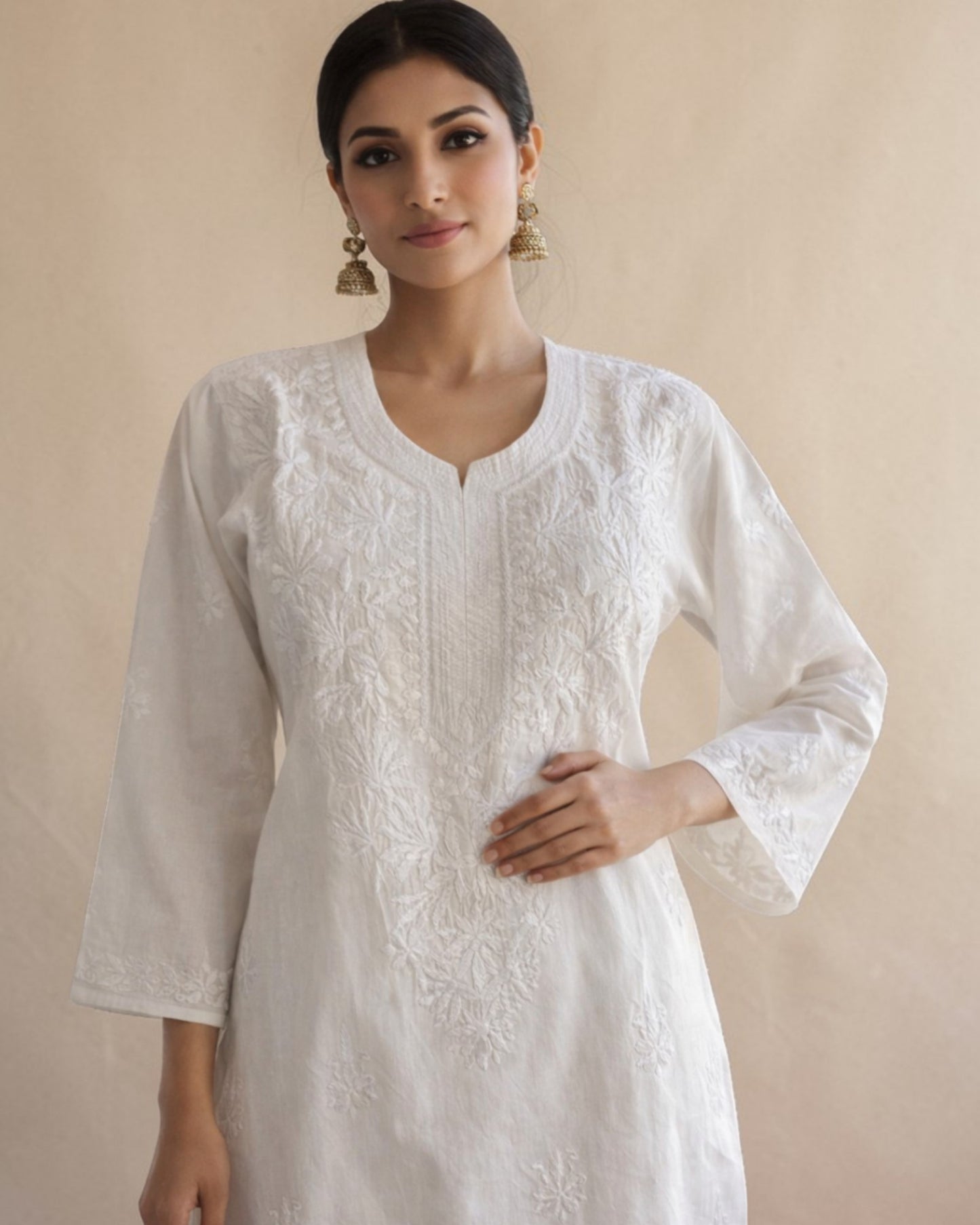 PURE CHANDERI COTTON  KURTI WITH HANDCRAFTED CHIKANKARI