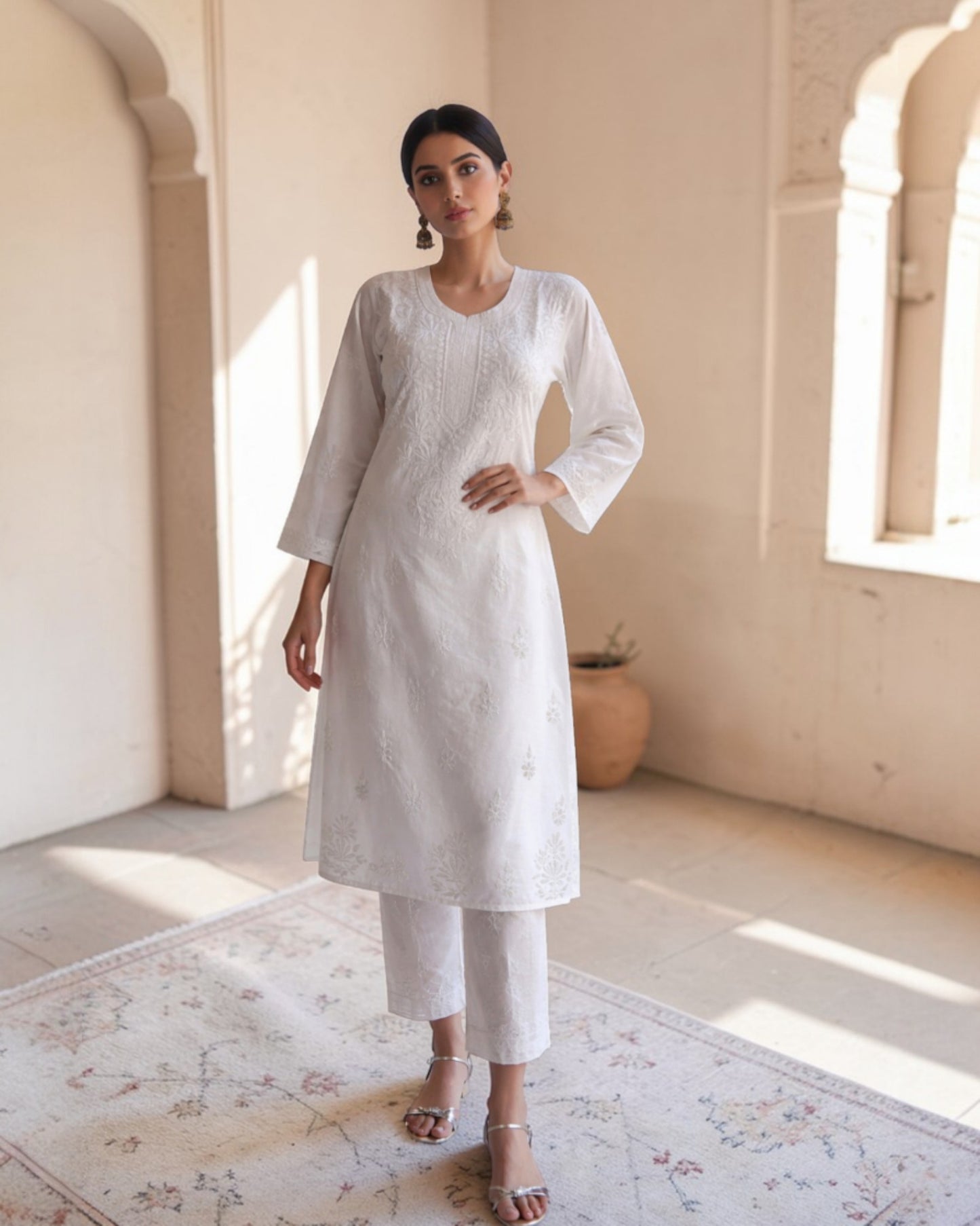 PURE CHANDERI COTTON  KURTI WITH HANDCRAFTED CHIKANKARI