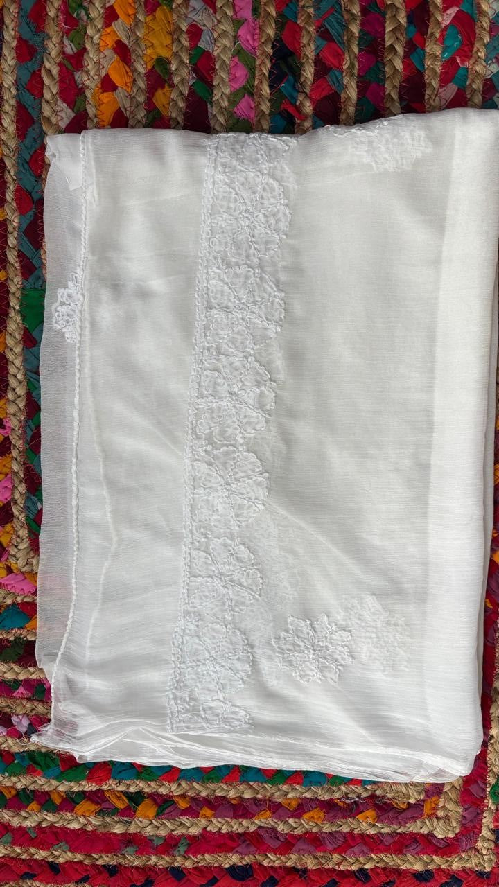 LUCKNOWI WHITE CHIKANKARI SHADOW WORK DUPATTA