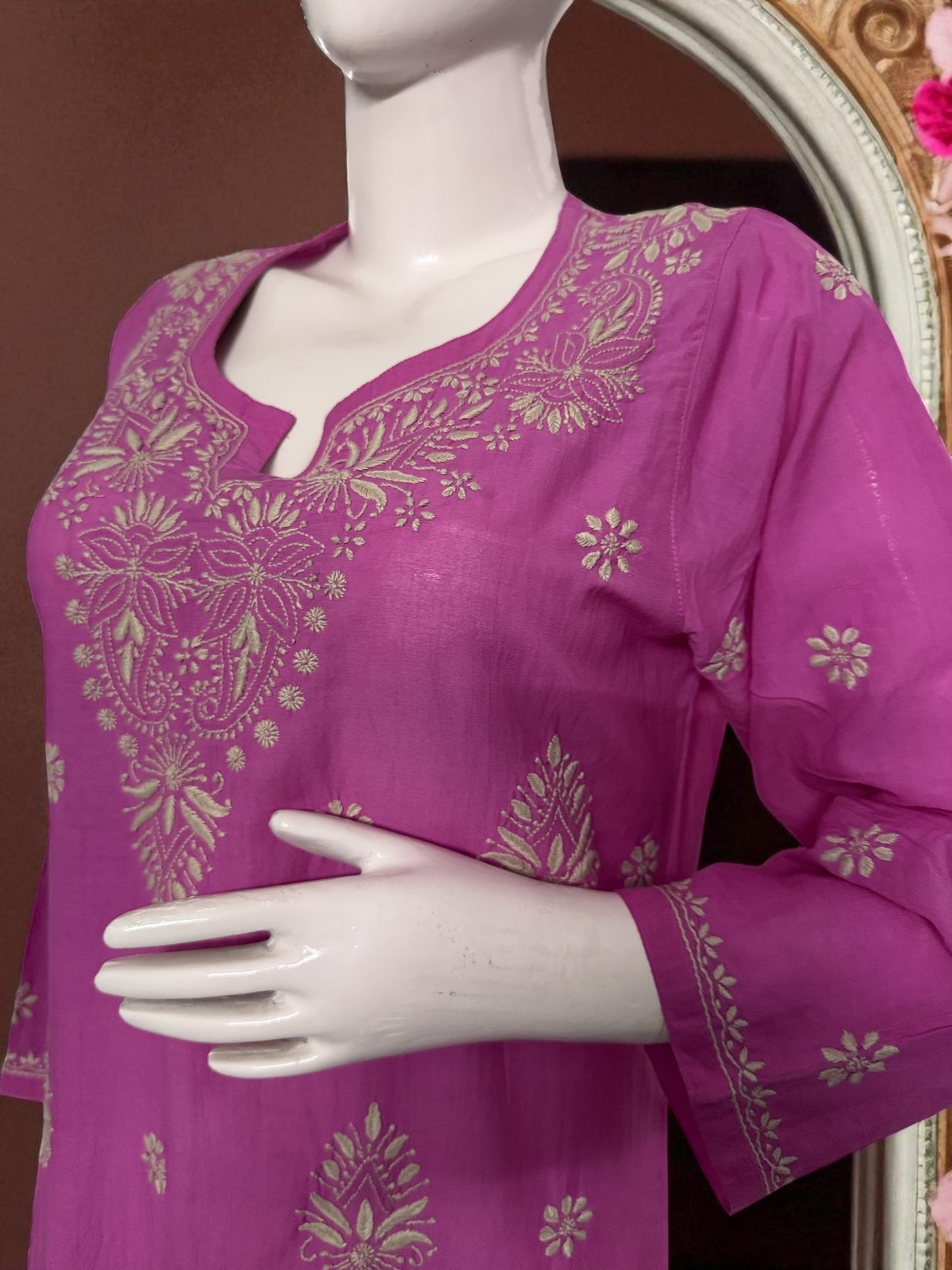 NOOR GULABI GOLDEN BEIGE CHIKANKARI KURTA