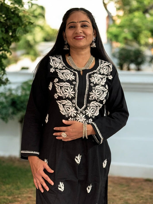 BLACK NIRVI COTTON CHIKANKARI STRAIGHT KURTI