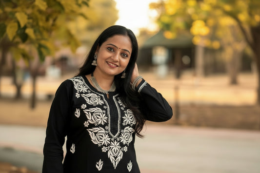 BLACK NIRVI COTTON CHIKANKARI STRAIGHT KURTI