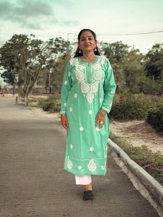 PASTEL GREEN NIRVI COTTON CHIKANKARI STRAIGHT KURTI
