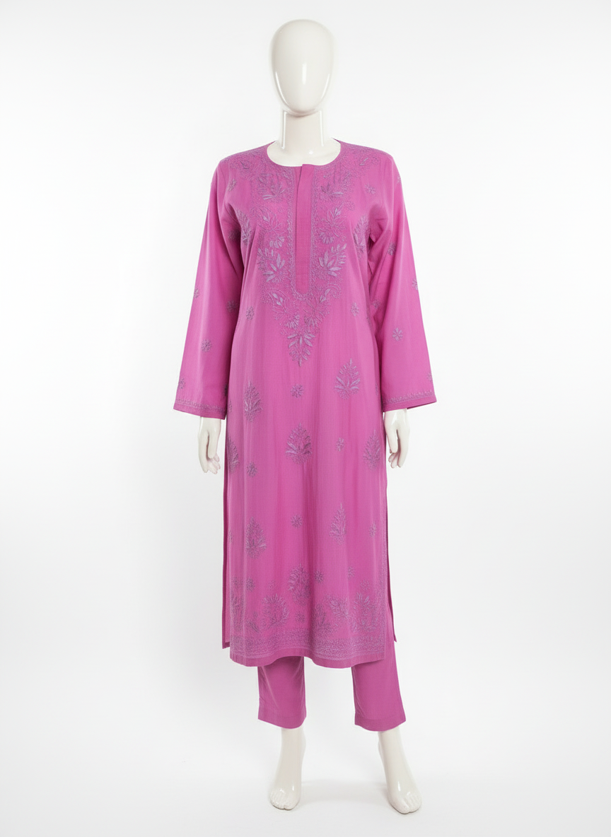 NOOR GULABI CHIKANAKRI KURTA- Handcrafted Elegance in Bloom