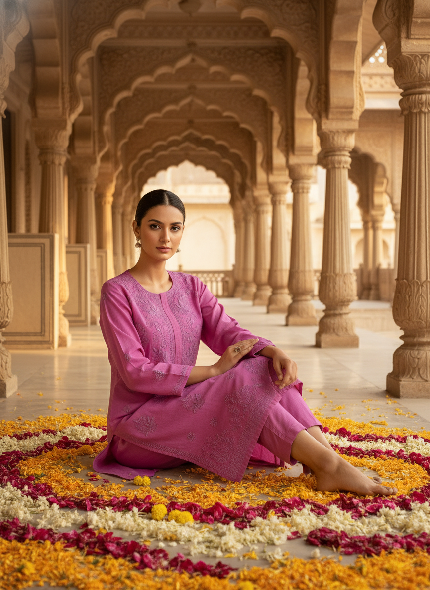 NOOR GULABI CHIKANAKRI KURTA- Handcrafted Elegance in Bloom