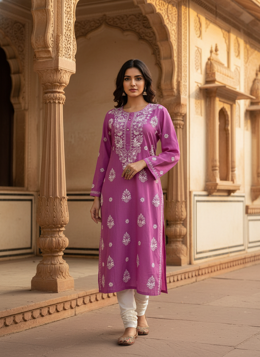 NOOR GULABI CHIKANAKRI KURTA-PREMIUM