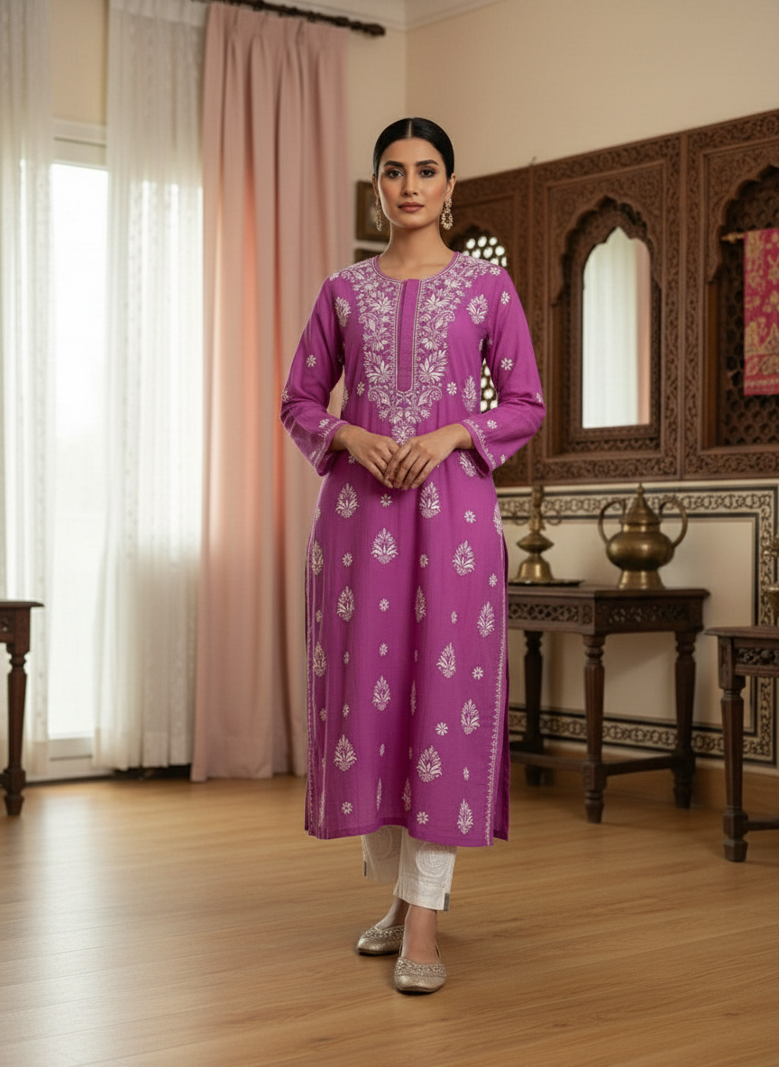 NOOR GULABI CHIKANAKRI KURTA-PREMIUM