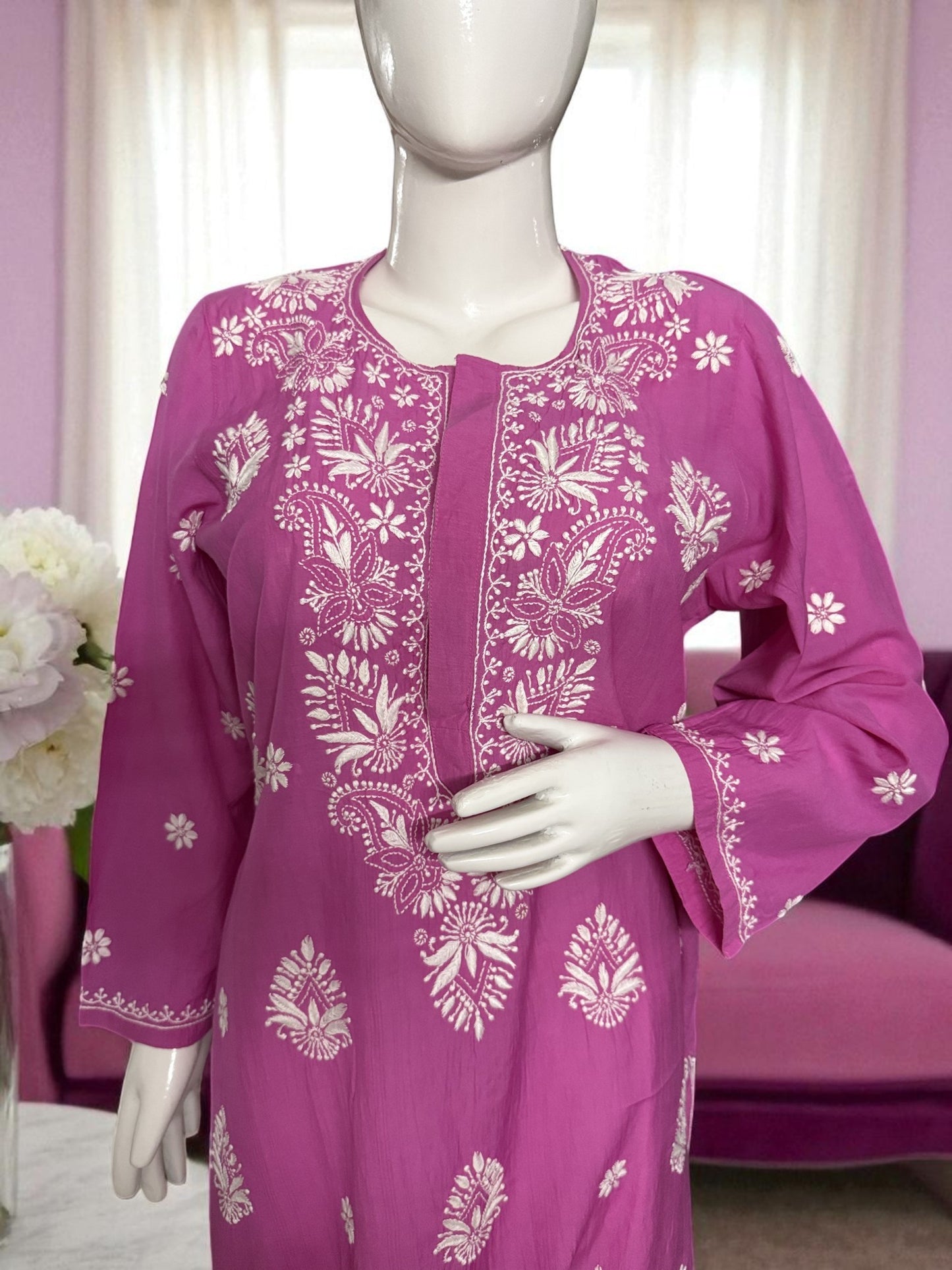 NOOR GULABI CHIKANAKRI KURTA- Handcrafted Elegance in Bloom