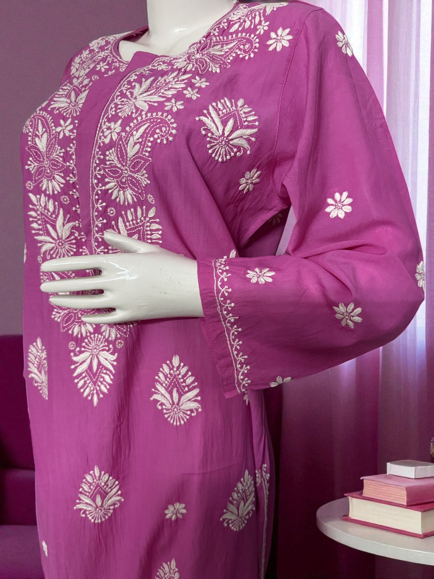 NOOR GULABI CHIKANAKRI KURTA- Handcrafted Elegance in Bloom