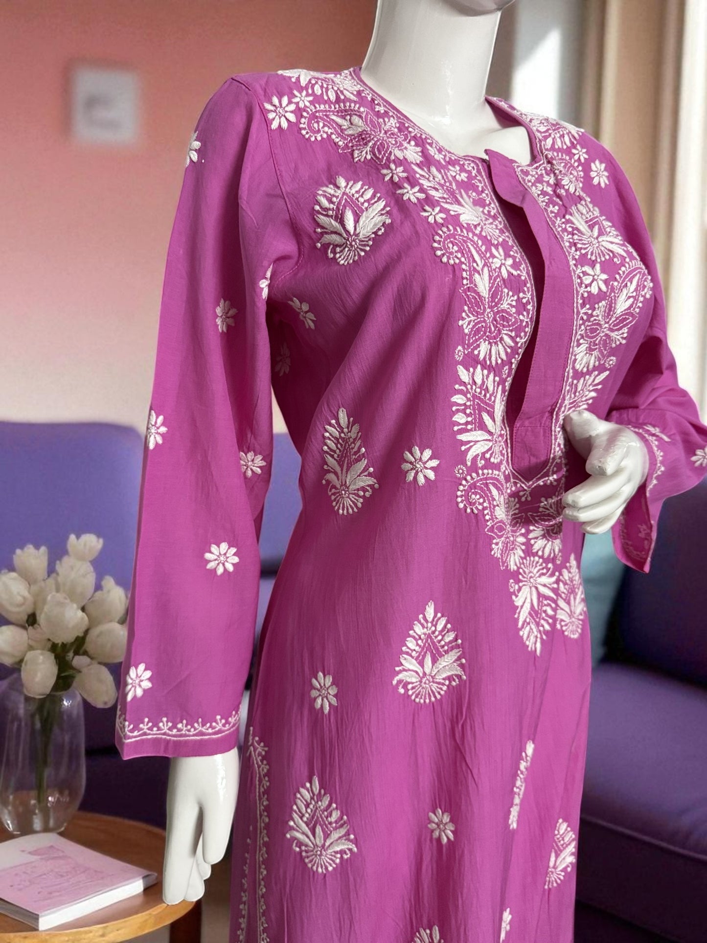 NOOR GULABI CHIKANAKRI KURTA- Handcrafted Elegance in Bloom