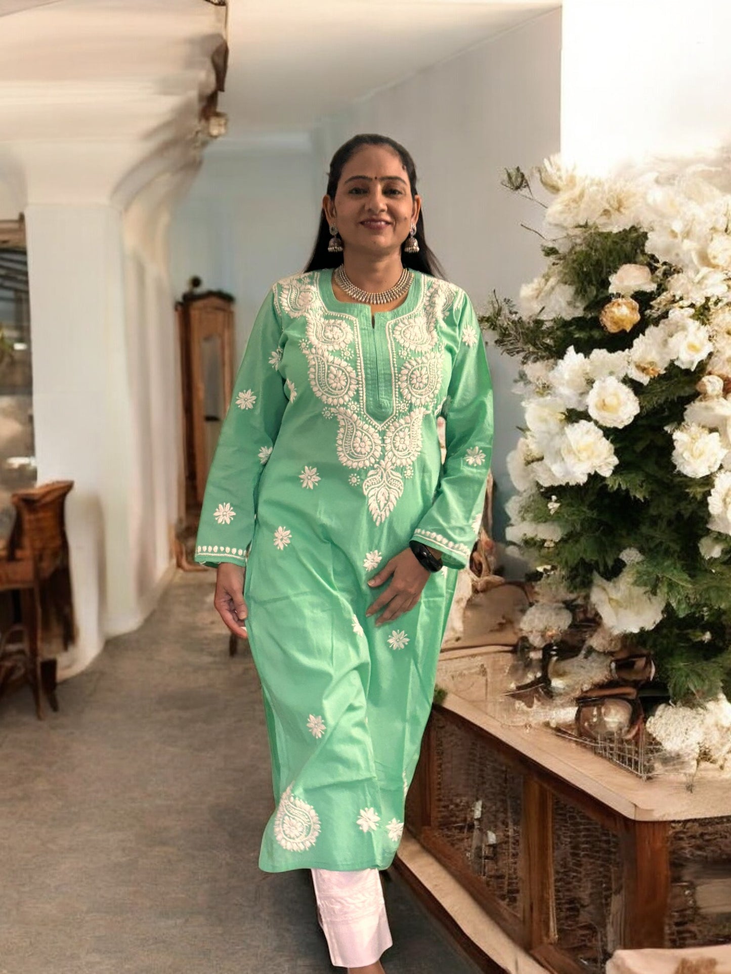 PASTEL GREEN NIRVI COTTON CHIKANKARI STRAIGHT KURTI