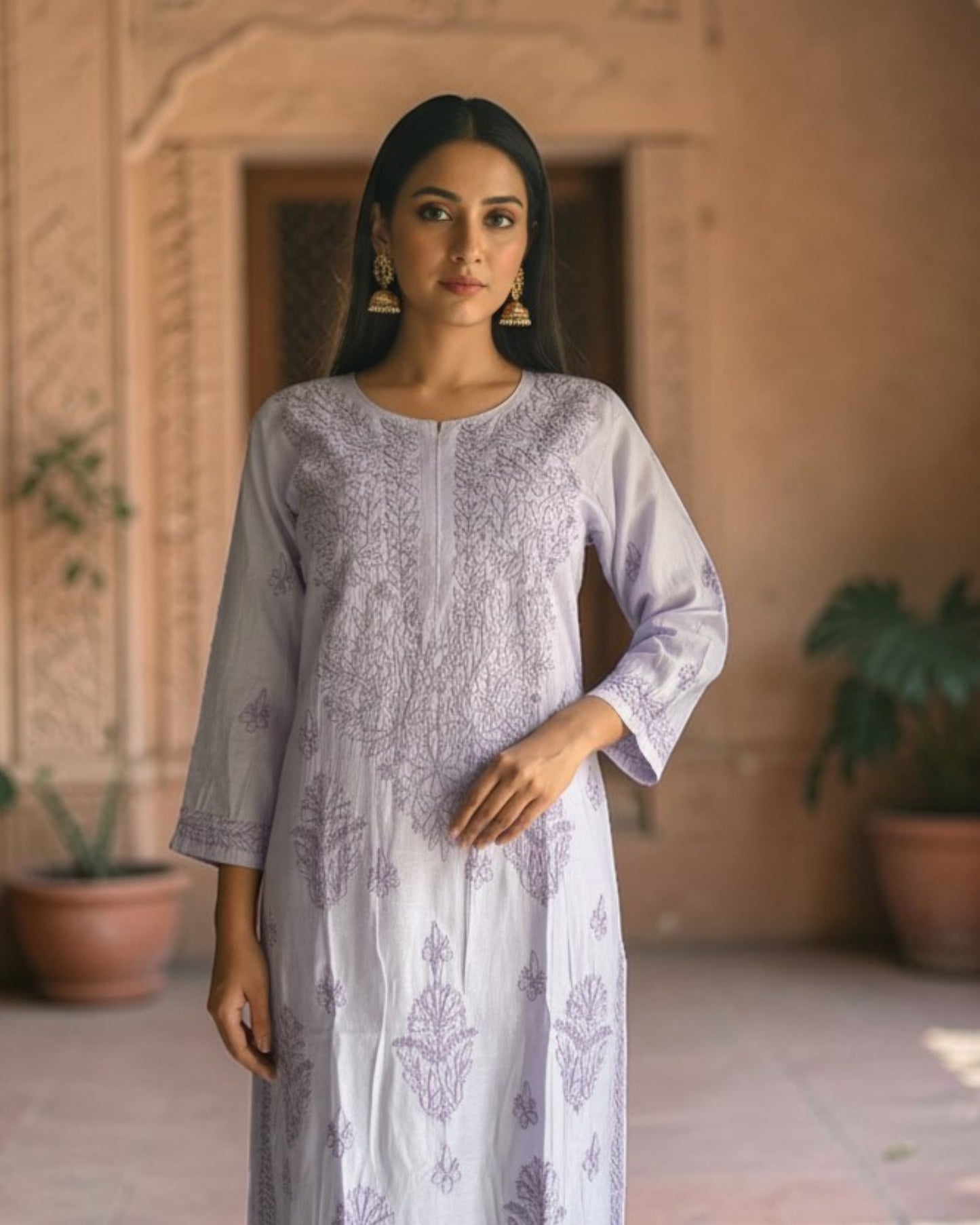 PASTEL CHANDERI COTTON SHADOW WORK CHIKANKARI KURTI (PLUS SIZE)