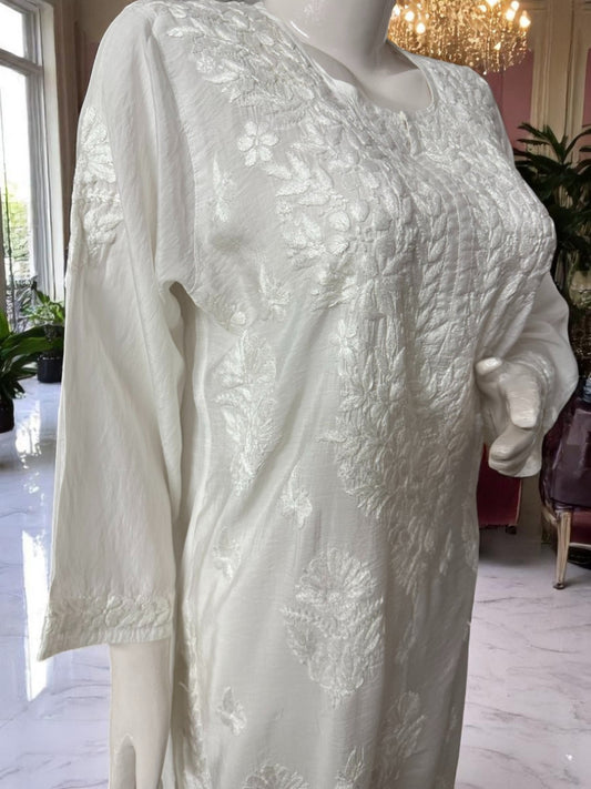 WHITE MUSLIN CHIKANKARI KURTI WITH GHAS PATTI