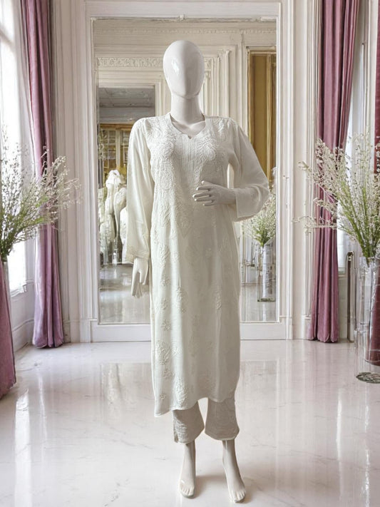 WHITE MUSLIN CHIKANKARI KURTI WITH BACK STITCH