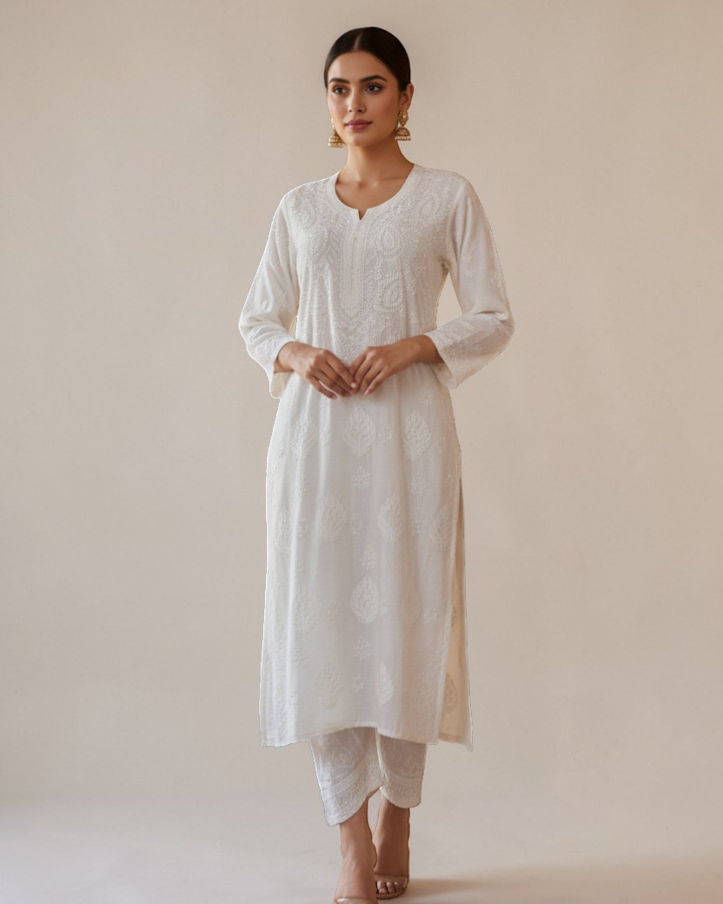 WHITE MUSLIN CHIKANKARI KURTI WITH BACK STITCH