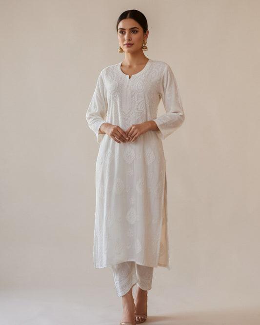 WHITE MUSLIN CHIKANKARI KURTI WITH BACK STITCH