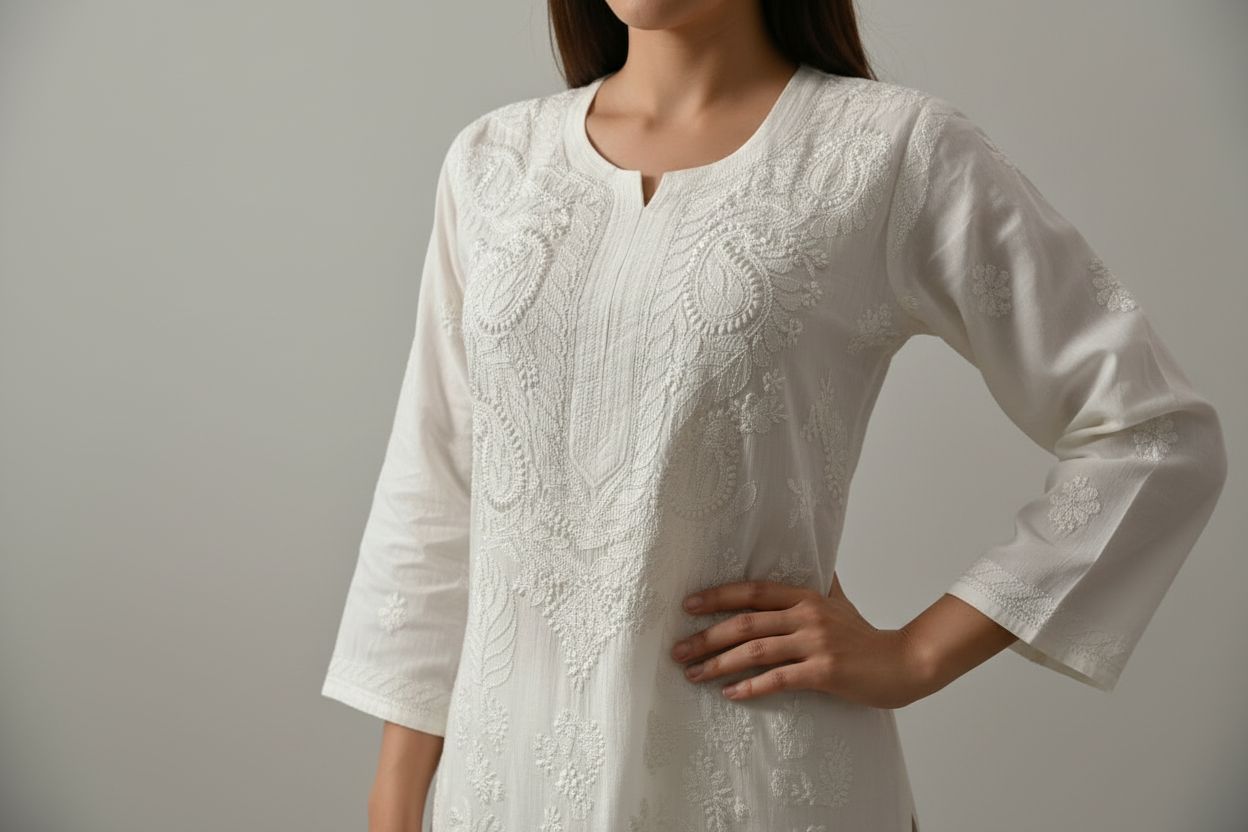 WHITE MUSLIN CHIKANKARI KURTI WITH BACK STITCH