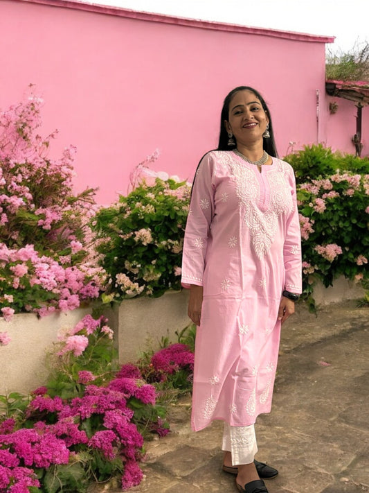 LIGHT PINK  NIRVI COTTON CHIKANKARI STRAIGHT KURTI