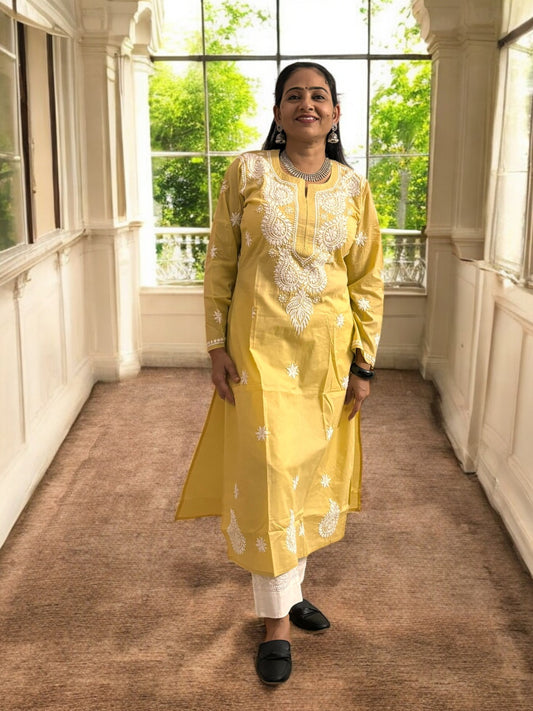BEIGE NIRVI COTTON CHIKANKARI STRAIGHT KURTI