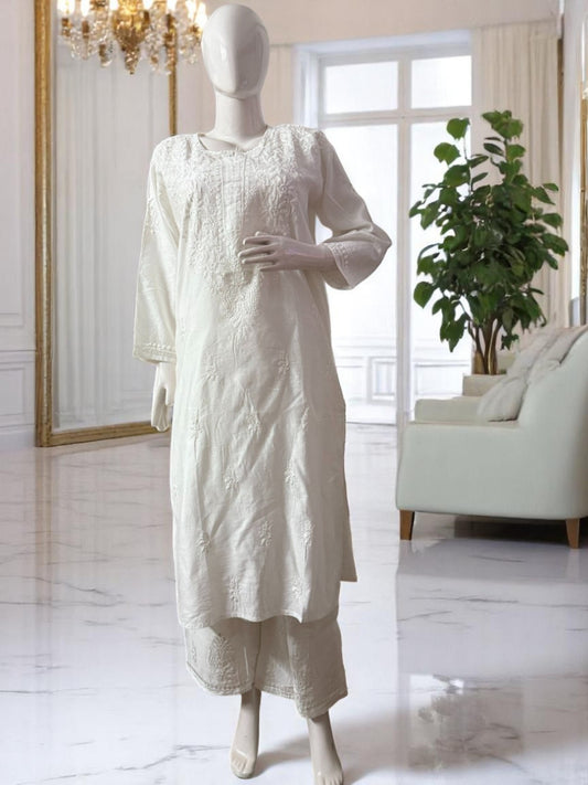 WHITE COLOR CHANDERI COTTON SUIT WITH CHIKANKARI