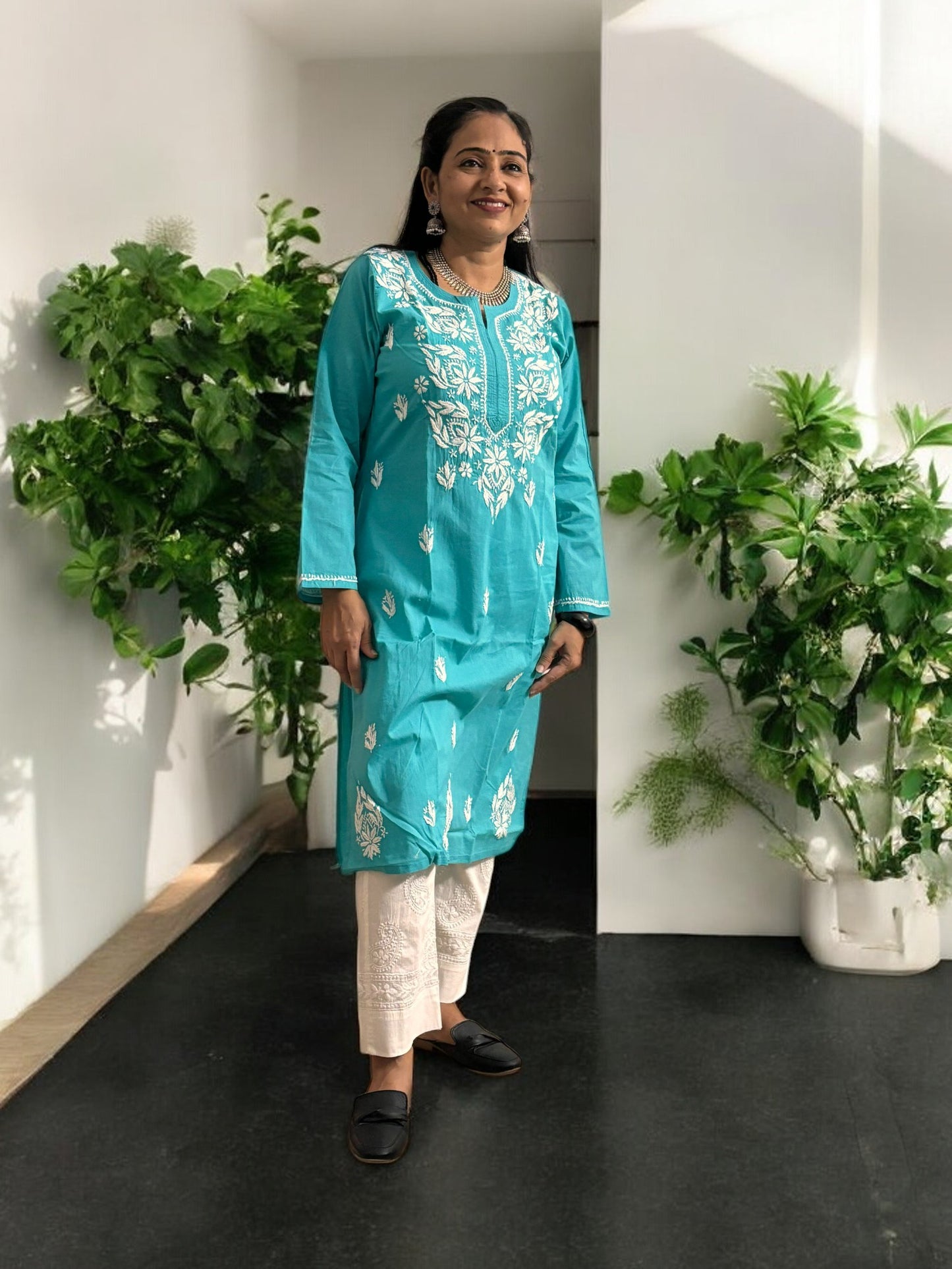 TURQUOISE BLUE NIRVI COTTON CHIKANKARI STRAIGHT KURTI