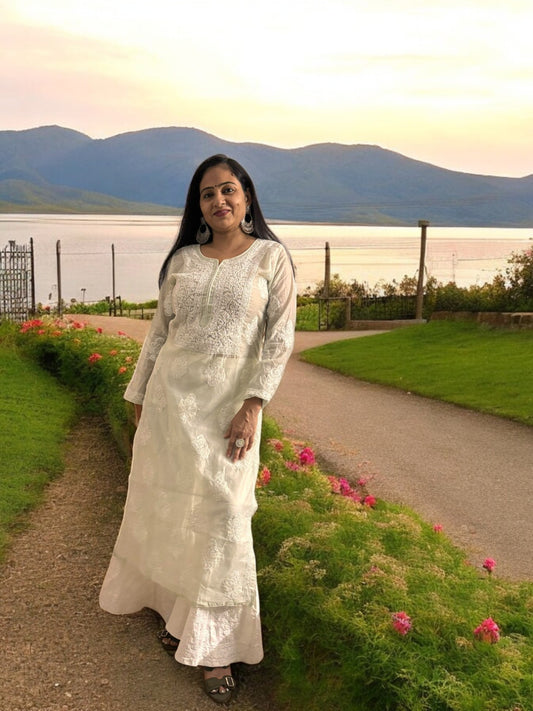 PASTEL GREEN  ORGANZA CHIKANKARI KURTI