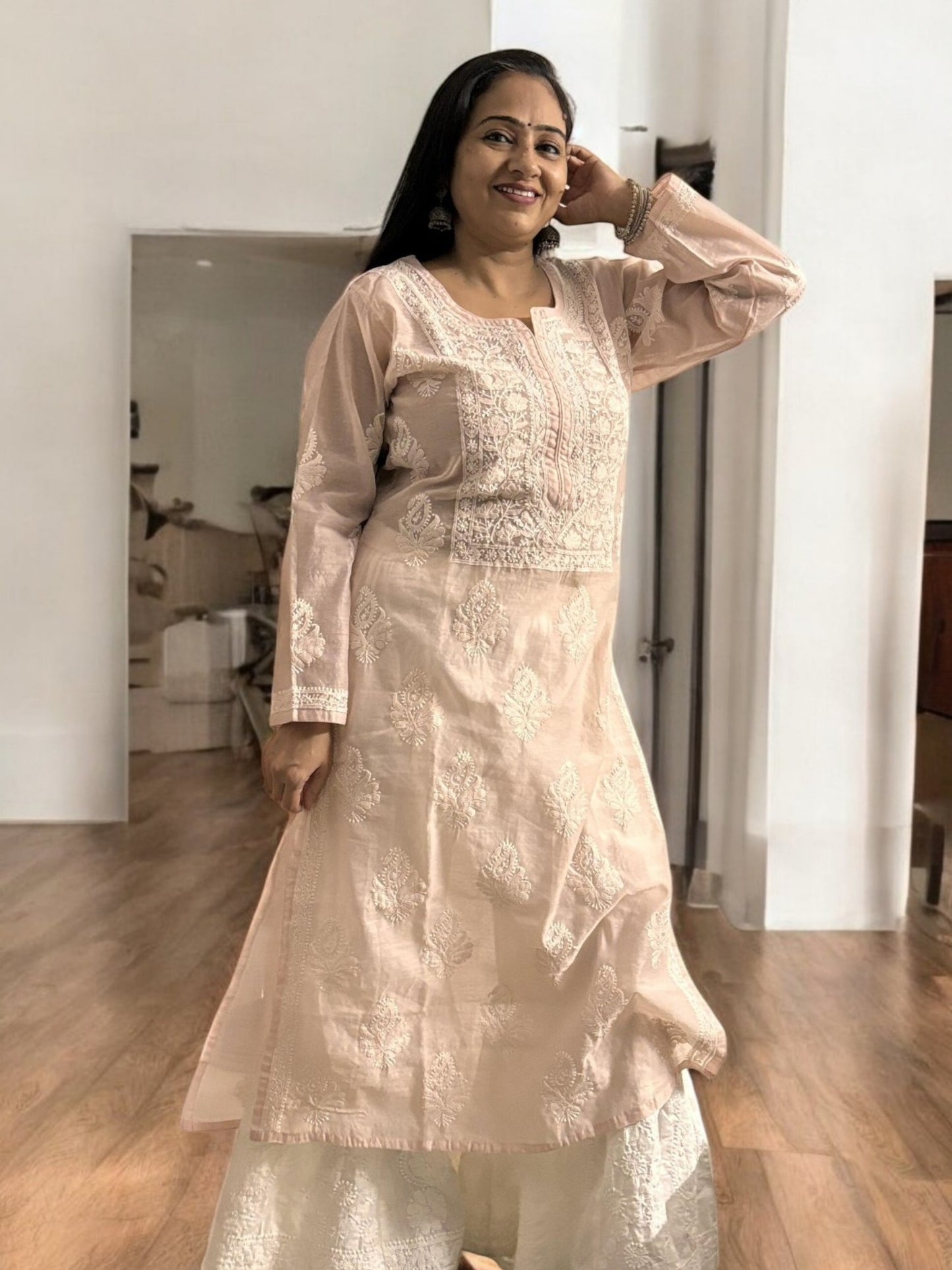 PASTEL PINK  ORGANZA CHIKANKARI KURTI
