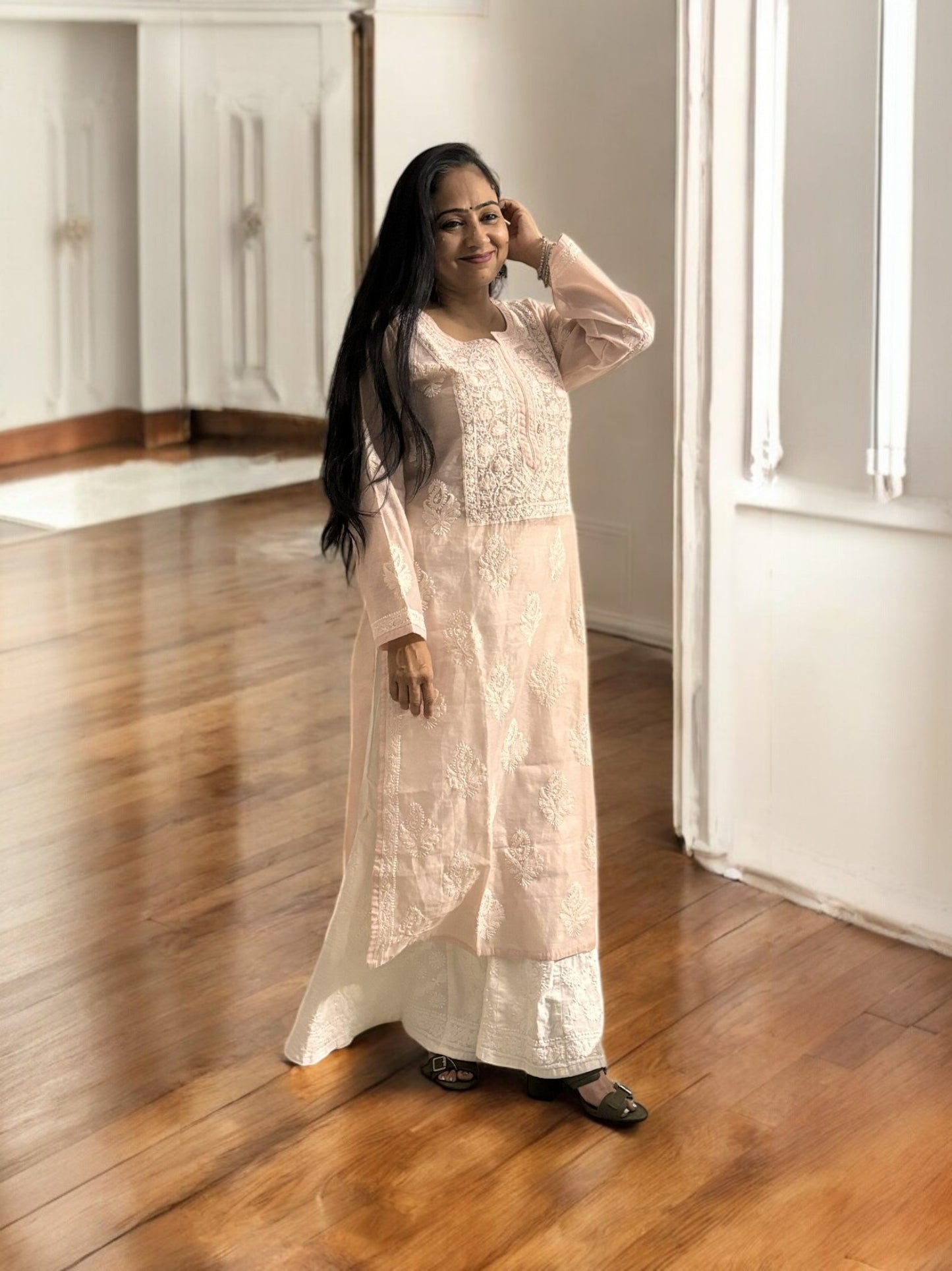 PASTEL PINK  ORGANZA CHIKANKARI KURTI