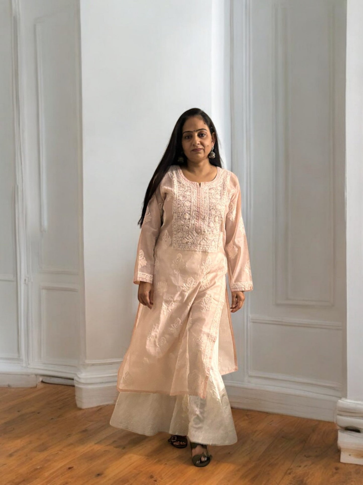 PASTEL PINK  ORGANZA CHIKANKARI KURTI