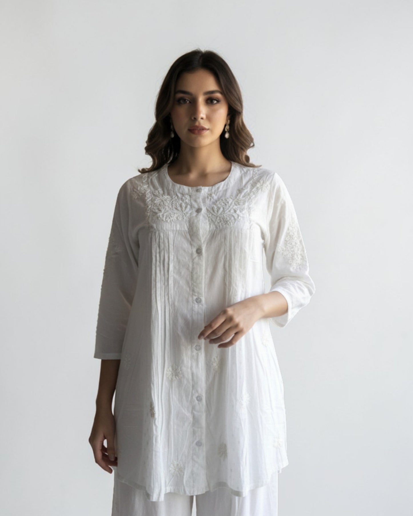 WHITE SHORT MUL COTTON CHIKANKARI  SHIRT