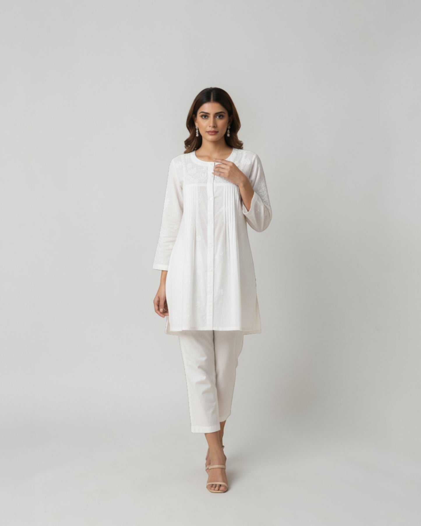 WHITE SHORT MUL COTTON CHIKANKARI  SHIRT