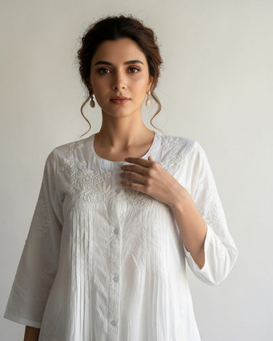 WHITE SHORT MUL COTTON CHIKANKARI  SHIRT