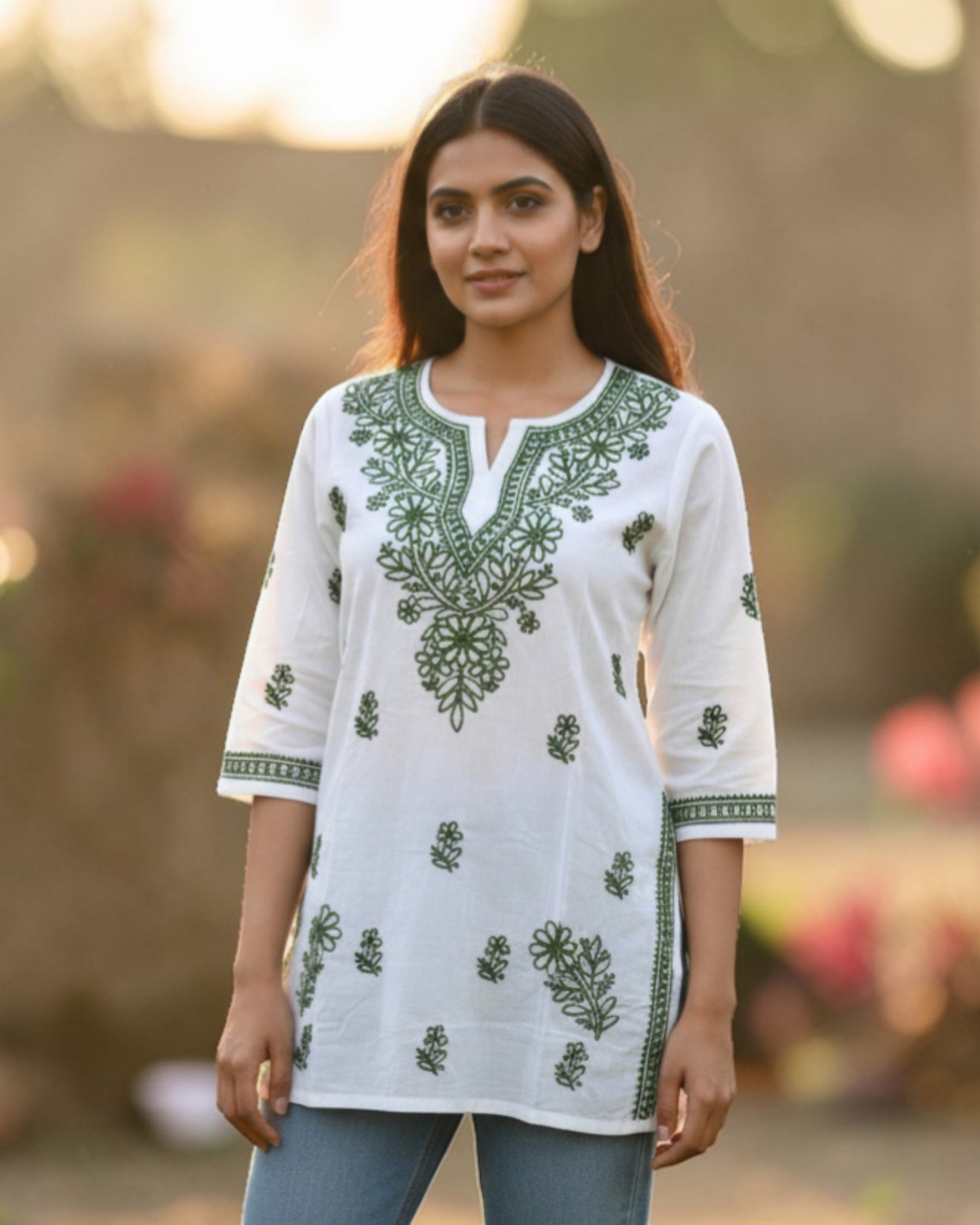 NOOR SHORT CHIKANKARI KURTI TURQUOISE ON WHITE S-40
