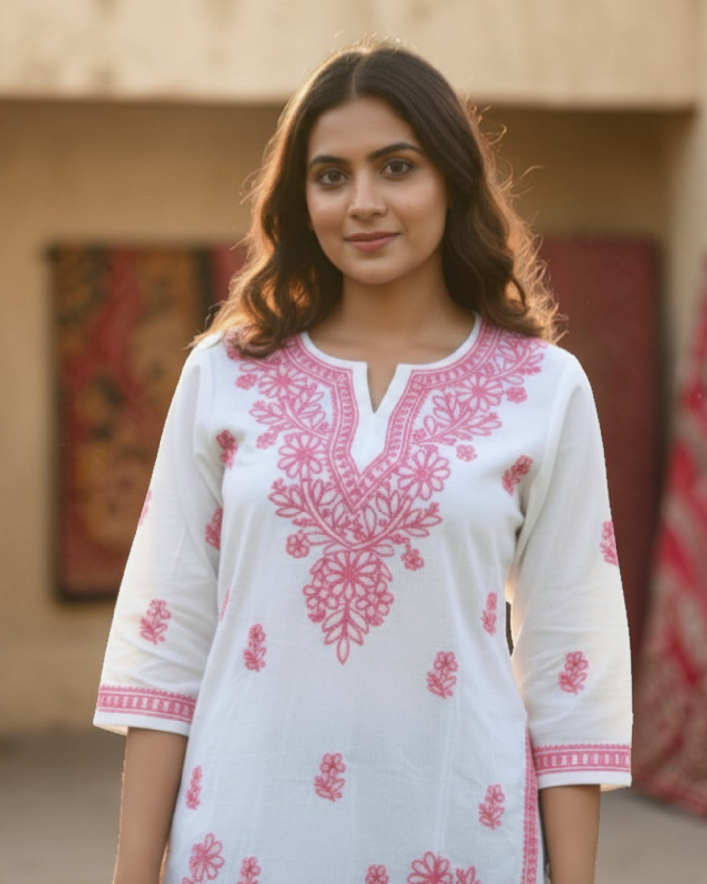 NOOR SHORT CHIKANKARI KURTI TURQUOISE ON WHITE S-40