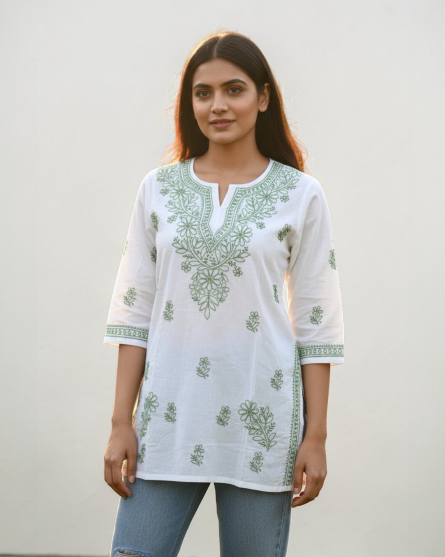 SHORT CHIKANKARI KURTI - LEAF GREEN ON WHITE