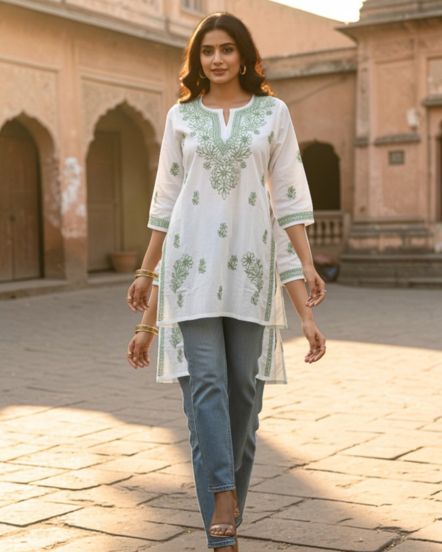 SHORT CHIKANKARI KURTI - LEAF GREEN ON WHITE