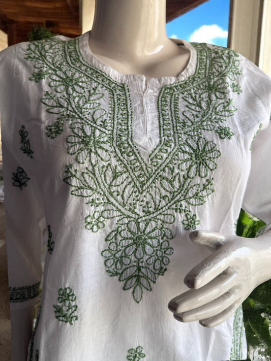 SHORT CHIKANKARI KURTI - LEAF GREEN ON WHITE