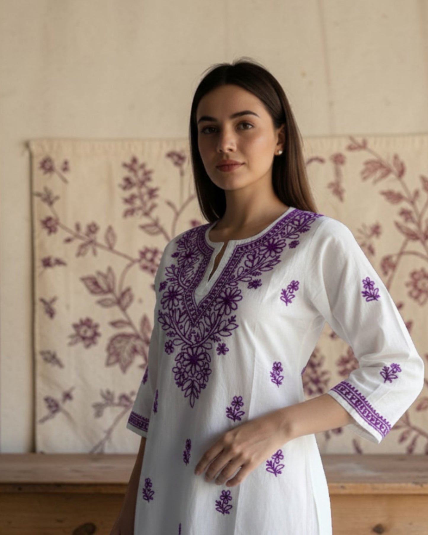 NOOR SHORT CHIKANKARI KURTI TURQUOISE ON WHITE S-40