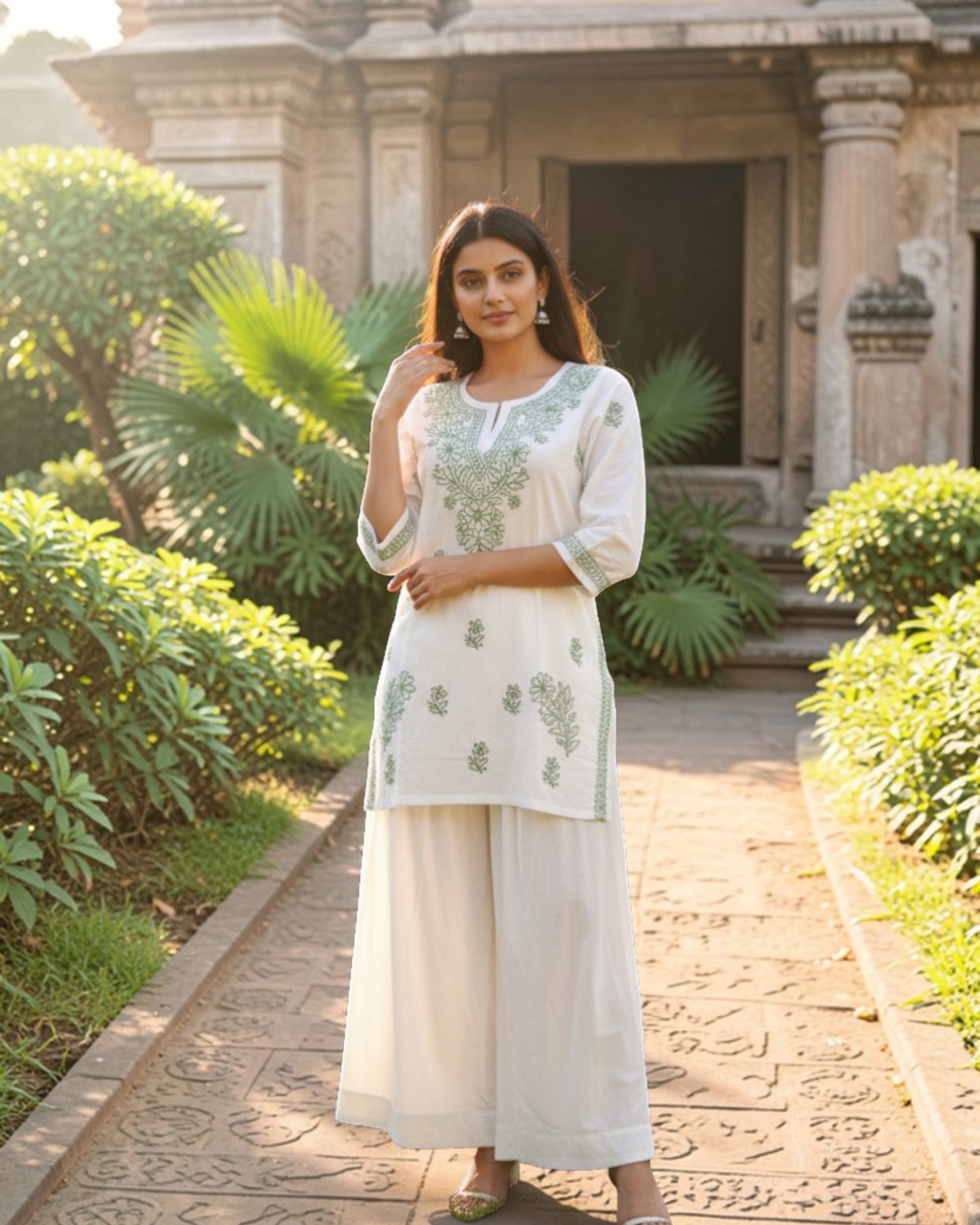 SHORT CHIKANKARI KURTI - LEAF GREEN ON WHITE