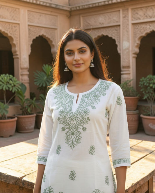 SHORT CHIKANKARI KURTI - LEAF GREEN ON WHITE