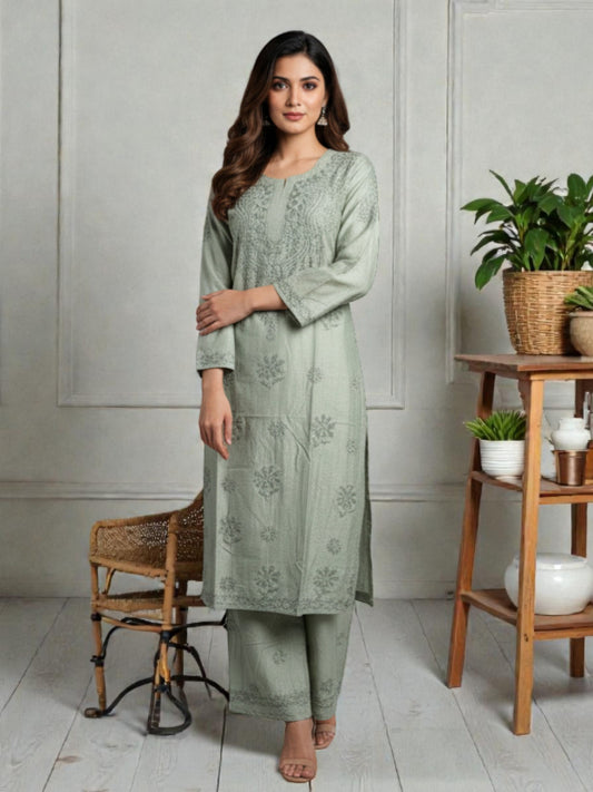 GREEN CHANDERI COTTON SUIT WITH CHIKANKARI 011